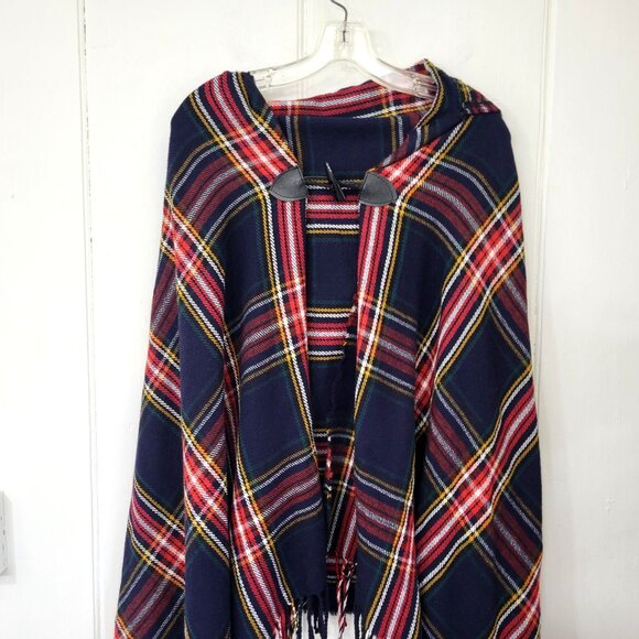 Plaid Hooded Poncho With Fringe & Toggle Closure - Picture 3 of 4
